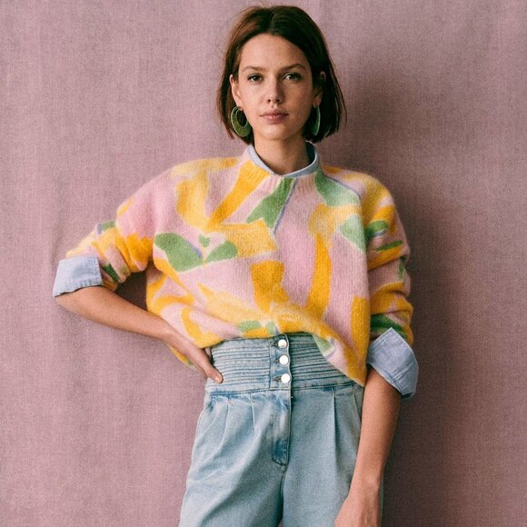 EUC Sezane Bahia Floral Wool Mohair Oversized Sweater Pink Yellow XXS-XS fit - Picture 2 of 7